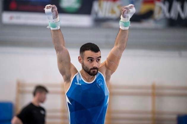 1.EM-Qualifikation Turnen Halle Saale Halle, Deutschland 13.Juli 2026: Im Bild:Artur Sahakyan (Siegerlaender Kunstturn-Vereinigung) Halle Saale Turnhalle im TZ Halle Saale Sachsen Anhalt Deutschland *** 1 European Championships Qualifying Round, Gymnastics, Halle Saale Gymnasium, Halle, Germany, July 13, 2026. Pictured: Artur Sahakyan, winner from the Halle Saale Artistic Gymnastics Association, at the Halle Saale Gymnasium in TZ Halle Saale, Saxony-Anhalt, Germany