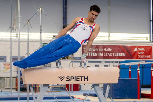 1.EM-Qualifikation Turnen Halle Saale Halle, Deutschland 13.Juli 2026: Im Bild:Milan Hosseini (TG Boeckingen) Halle Saale Turnhalle im TZ Halle Saale Sachsen Anhalt Deutschland *** 1 European Championships Qualifying Round, Gymnastics, Halle-Saale, Germany, July 13, 2026. Pictured: Milan Hosseini of TG Boeckingen at the Halle-Saale Gymnastics Hall in TZ Halle-Saale, Saxony-Anhalt, Germany