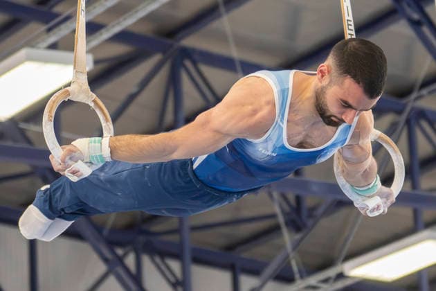 1.EM-Qualifikation Turnen Halle Saale Halle, Deutschland 13.Juli 2026: Im Bild:Artur Sahakyan (Siegerlaender Kunstturn-Vereinigung) Halle Saale Turnhalle im TZ Halle Saale Sachsen Anhalt Deutschland *** 1 European Championships Qualifying Round, Gymnastics, Halle Saale Gymnasium, Halle, Germany, July 13, 2026. Pictured: Artur Sahakyan, winner from the Halle Saale Artistic Gymnastics Association, at the Halle Saale Gymnasium in TZ Halle Saale, Saxony-Anhalt, Germany