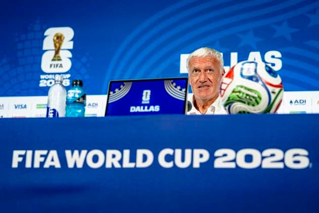 DALLAS - France national coach Didier Deschamps during the 2026 World Cup, France MD-1 press conference, PK, Pressekonferenz at AT&T Stadium on July 13, 2026 in Dallas, United States. (Photo by Stefan Koops EYE4IMAGES DeFodi Images) - *** DALLAS: France national team coach Didier Deschamps during the 2026 World Cup, France Match Day 1 press conference at AT&T Stadium on July 13, 2026, in Dallas, United States. Photo by Stefan Koops, EYE4IMAGES, DeFodi Images