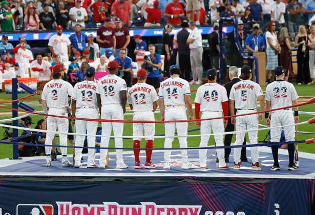 Competitors take the field before the first round of the 2026 MLB, Baseball Herren, USA Home Run Derby at Citizens Bank Park in Philadelphia, Pennsylvania, on Monday, July 13, 2026. This years participants are Red Sox Willson Contrereas, St Louis Cardinals Jordan Walker, Kansas City Royals Jac Caglianone, Chicago White Sox Munetaka Murakami, New York Yankees Ben Rice, Tampa Bay Rays Junior Caminero, Philadelphia Phillies Kyle Schwarber and Philadelphia Phillies Bryce Harper.  PHI20260713904 LAURENCExKESTERSON
