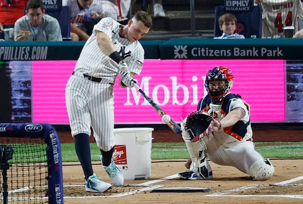 New York Yankees Ben Rice competes in the first round of the 2026 MLB, Baseball Herren, USA Home Run Derby at Citizens Bank Park in Philadelphia, Pennsylvania, on Monday, July 13, 2026.  PHI20260713923 LAURENCExKESTERSON