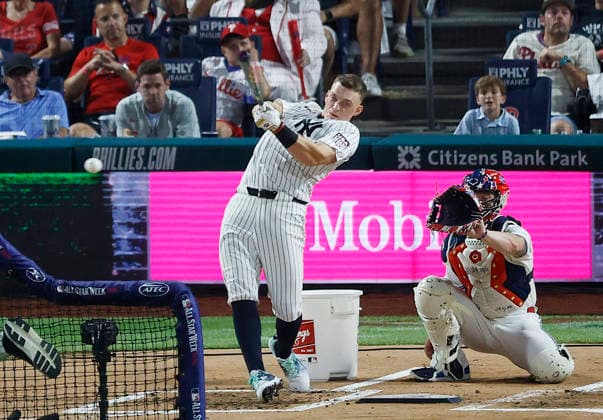 New York Yankees Ben Rice competes in the first round of the 2026 MLB, Baseball Herren, USA Home Run Derby at Citizens Bank Park in Philadelphia, Pennsylvania, on Monday, July 13, 2026.  PHI20260713924 LAURENCExKESTERSON