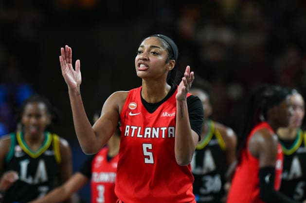 COLLEGE PARK, GA - JULY 13: Atlanta forward Angel Reese (5) reacts during the WNBA, Basketball Damen, USA game between the Los Angeles Sparks and the Atlanta Dream on July 13th, 2026 at Gateway Center Arena in College Park, GA. (Photo by Rich von Biberstein Icon Sportswire) WNBA: JUL 13 Los Angeles Sparks at Atlanta Dream EDITORIAL USE ONLY Icon260713022