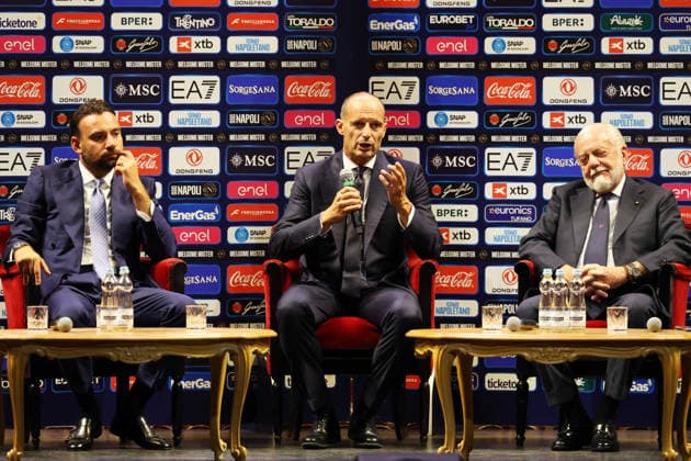 press conference, PK, Pressekonferenz at the San Carlo Theater to present the new SSC Napoli coach, Massimiliano Allegri, pictured with club president Aurelio De Laurentiis, in Naples (Italy) July 14, 2026.  Copyright: xAlessandroxGarofalo LaPressex