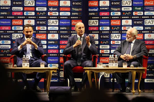 press conference, PK, Pressekonferenz at the San Carlo Theater to present the new SSC Napoli coach, Massimiliano Allegri, pictured with club president Aurelio De Laurentiis, in Naples (Italy) July 14, 2026.  Copyright: xAlessandroxGarofalo LaPressex