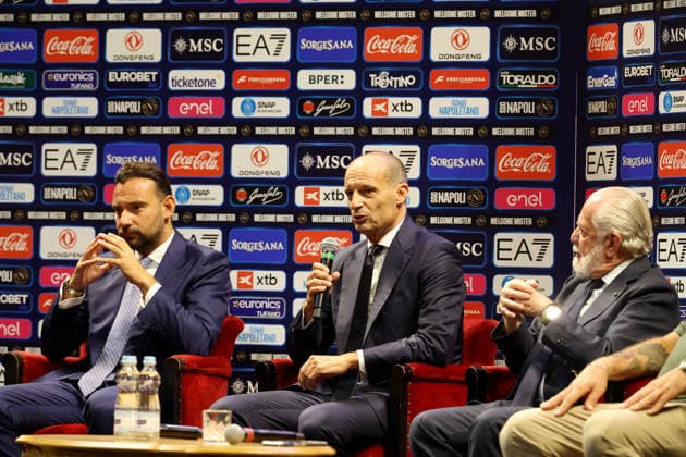 press conference, PK, Pressekonferenz at the San Carlo Theater to present the new SSC Napoli coach, Massimiliano Allegri, pictured with club president Aurelio De Laurentiis, in Naples (Italy) July 14, 2026.  Copyright: xAlessandroxGarofalo LaPressex