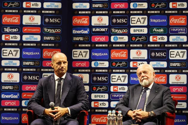 press conference, PK, Pressekonferenz at the San Carlo Theater to present the new SSC Napoli coach, Massimiliano Allegri, pictured with club president Aurelio De Laurentiis, in Naples (Italy) July 14, 2026.  Copyright: xAlessandroxGarofalo LaPressex