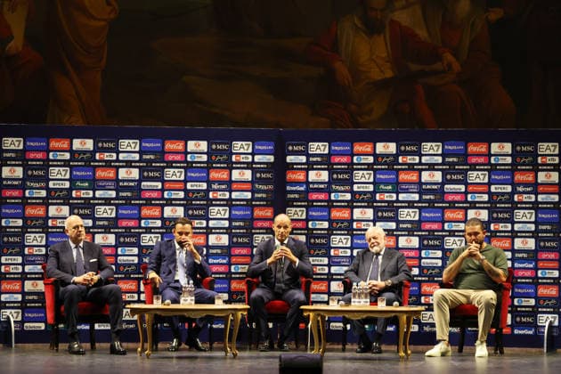 press conference, PK, Pressekonferenz at the San Carlo Theater to present the new SSC Napoli coach, Massimiliano Allegri, pictured with club president Aurelio De Laurentiis, in Naples (Italy) July 14, 2026.  Copyright: xAlessandroxGarofalo LaPressex