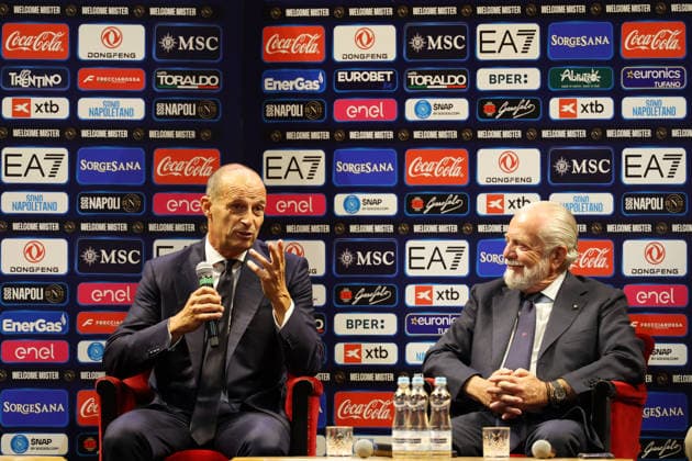 press conference, PK, Pressekonferenz at the San Carlo Theater to present the new SSC Napoli coach, Massimiliano Allegri, pictured with club president Aurelio De Laurentiis, in Naples (Italy) July 14, 2026.  Copyright: xAlessandroxGarofalo LaPressex
