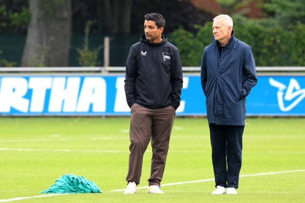 DEU, DFL, 2. FBL Hertha BSC, Training, 14.07.2026, Sportforum, Berlin, DEU, DFL, 2. FBL Hertha BSC, Training, Leiter Teammanagement Sami Allagui (Hertha BSC), Dr. Peter Goerlich - Geschaeftsfuehrung DFL - regulations prohibit any use of Photographs as image sequences and or quasi-video *** GER, DFL, 2nd Bundesliga Hertha BSC, Training, July 14, 2026, Sportforum, Berlin, GER, DFL, 2nd Bundesliga Hertha BSC, Training, Head of Team Management Sami Allagui, Hertha BSC; Dr. Peter Goerlich, DFL Executive Board. DFL regulations prohibit any use of photographs as image sequences and or quasi-video. Nordphotox xEngler nph00076