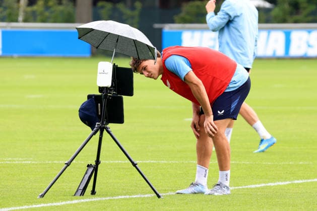 DEU, DFL, 2. FBL Hertha BSC, Training, 14.07.2026, Sportforum, Berlin, DEU, DFL, 2. FBL Hertha BSC, Training, Agust’n Rogel (Hertha BSC Berlin 3), Analysegeraet DFL - regulations prohibit any use of Photographs as image sequences and or quasi-video *** GER, DFL, 2nd Bundesliga Hertha BSC, Training, July 14, 2026, Sportforum, Berlin, GER, DFL, 2nd Bundesliga Hertha BSC, Training, Agust’n Rogel Hertha BSC Berlin 3, Analysis Device DFL regulations prohibit any use of photographs as image sequences and or quasi-video Nordphotox xEngler nph00076