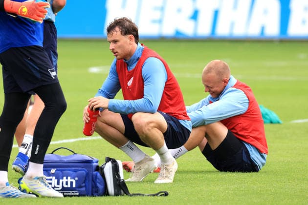 DEU, DFL, 2. FBL Hertha BSC, Training, 14.07.2026, Sportforum, Berlin, DEU, DFL, 2. FBL Hertha BSC, Training, Pascal Klemens (Hertha BSC Berlin 41), Jon Dabur Thorsteinsson (Hertha BSC Berlin 24) DFL - regulations prohibit any use of Photographs as image sequences and or quasi-video *** GER, DFL, 2nd Bundesliga Hertha BSC, Training, July 14, 2026, Sportforum, Berlin, GER, DFL, 2nd Bundesliga Hertha BSC, Training, Pascal Klemens Hertha BSC Berlin 41, Jon Dabur Thorsteinsson Hertha BSC Berlin 24. DFL regulations prohibit any use of photographs as image sequences and or quasi-video. Nordphotox xEngler nph00076
