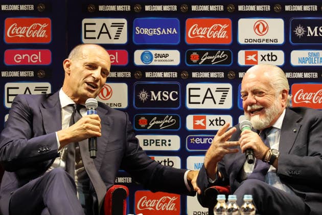 press conference, PK, Pressekonferenz at the San Carlo Theater to present the new SSC Napoli coach, Massimiliano Allegri, pictured with club president Aurelio De Laurentiis, in Naples (Italy) July 14, 2026.  Copyright: xAlessandroxGarofalo LaPressex