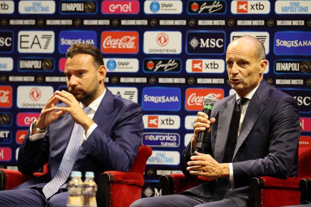 press conference, PK, Pressekonferenz at the San Carlo Theater to present the new SSC Napoli coach, Massimiliano Allegri, pictured with Giovanni Manna, in Naples (Italy) July 14, 2026.  Copyright: xAlessandroxGarofalo LaPressex