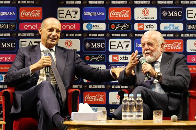 press conference, PK, Pressekonferenz at the San Carlo Theater to present the new SSC Napoli coach, Massimiliano Allegri, pictured with club president Aurelio De Laurentiis, in Naples (Italy) July 14, 2026.  Copyright: xAlessandroxGarofalo LaPressex