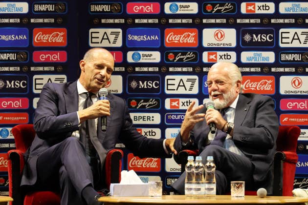 press conference, PK, Pressekonferenz at the San Carlo Theater to present the new SSC Napoli coach, Massimiliano Allegri, pictured with club president Aurelio De Laurentiis, in Naples (Italy) July 14, 2026.  Copyright: xAlessandroxGarofalo LaPressex