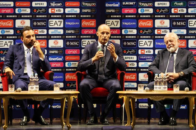 press conference, PK, Pressekonferenz at the San Carlo Theater to present the new SSC Napoli coach, Massimiliano Allegri, pictured with club president Aurelio De Laurentiis and Giovanni Manna, in Naples (Italy) July 14, 2026.  Copyright: xAlessandroxGarofalo LaPressex