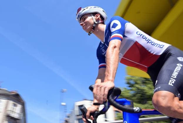 French Romain Gregoire of Groupama-FDJ United pictured at the start of stage 10 of the 2026 Tour de France cycling race, a stage of 167km from Aurillac to Le Lioran, on Tuesday 14 July 2026. The 113th edition of the Tour de France starts on Saturday 4 July in Barcelona, Spain, and will finish in Paris, France on the 26th of July. DAVIDxPINTENS  x181105901x