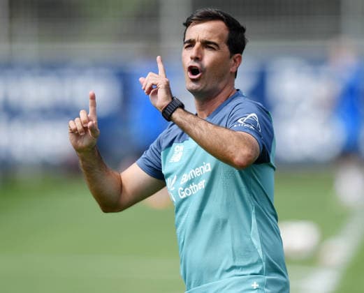 14.07.2026, xophax, Fussball 1.Bundesliga, Bayer 04 Leverkusen. Training . Trainingsauftakt an der BayArena. Trainer Carles Martinez Novell ( Bayer 04 ) Leverkusen *** July 14, 2026, xophax, Soccer, Bundesliga 1, Bayer 04 Leverkusen, Training, First Training Session at the BayArena, Coach Carles Martinez Novell, Bayer 04 Leverkusen