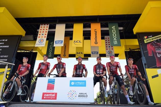 Lotto Intermarche riders pictured at the start of stage 10 of the 2026 Tour de France cycling race, a stage of 167km from Aurillac to Le Lioran, on Tuesday 14 July 2026. The 113th edition of the Tour de France starts on Saturday 4 July in Barcelona, Spain, and will finish in Paris, France on the 26th of July. DAVIDxPINTENS  x181107351x