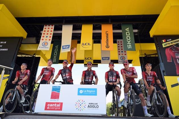 Lotto Intermarche riders pictured at the start of stage 10 of the 2026 Tour de France cycling race, a stage of 167km from Aurillac to Le Lioran, on Tuesday 14 July 2026. The 113th edition of the Tour de France starts on Saturday 4 July in Barcelona, Spain, and will finish in Paris, France on the 26th of July. DAVIDxPINTENS  x181107483x