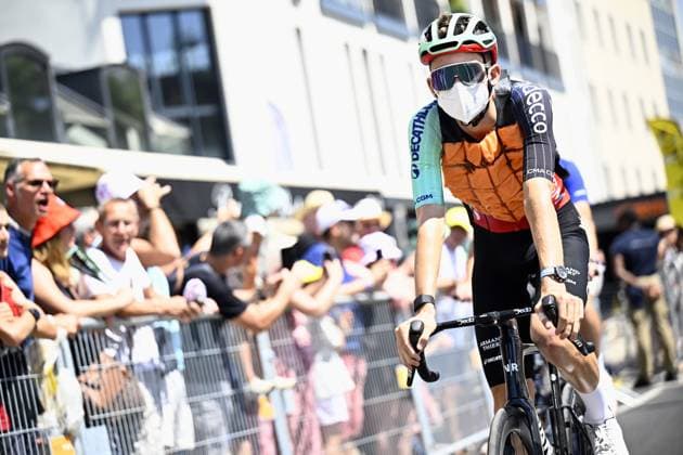 French Paul Seixas of Decathlon CMA CGM Team pictured at the start of stage 10 of the 2026 Tour de France cycling race, a stage of 167km from Aurillac to Le Lioran, on Tuesday 14 July 2026. The 113th edition of the Tour de France starts on Saturday 4 July in Barcelona, Spain, and will finish in Paris, France on the 26th of July. DAVIDxPINTENS  x181107504x