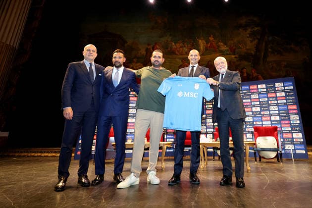 press conference, PK, Pressekonferenz at the San Carlo Theater to present the new SSC Napoli coach, Massimiliano Allegri, pictured with club president Aurelio De Laurentiis, Andrea Chiavelli, Giovanni Manna and Edoardo De Laurentiis in Naples (Italy) July 14, 2026.  Copyright: xAlessandroxGarofalo LaPressex