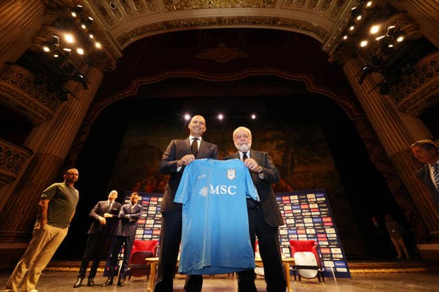 press conference, PK, Pressekonferenz at the San Carlo Theater to present the new SSC Napoli coach, Massimiliano Allegri, pictured with club president Aurelio De Laurentiis, in Naples (Italy) July 14, 2026.  Copyright: xAlessandroxGarofalo LaPressex