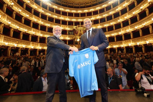 press conference, PK, Pressekonferenz at the San Carlo Theater to present the new SSC Napoli coach, Massimiliano Allegri, pictured with club president Aurelio De Laurentiis, in Naples (Italy) July 14, 2026.  Copyright: xAlessandroxGarofalo LaPressex