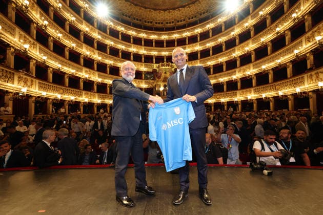 press conference, PK, Pressekonferenz at the San Carlo Theater to present the new SSC Napoli coach, Massimiliano Allegri, pictured with club president Aurelio De Laurentiis, in Naples (Italy) July 14, 2026.  Copyright: xAlessandroxGarofalo LaPressex