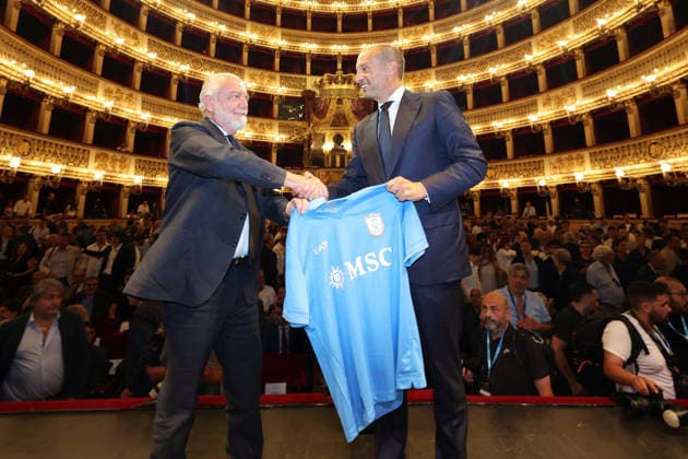 press conference, PK, Pressekonferenz at the San Carlo Theater to present the new SSC Napoli coach, Massimiliano Allegri, pictured with club president Aurelio De Laurentiis, in Naples (Italy) July 14, 2026.  Copyright: xAlessandroxGarofalo LaPressex