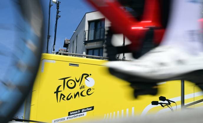 illustration shows the logo Tour De France pictured at the start of stage 10 of the 2026 Tour de France cycling race, a stage of 167km from Aurillac to Le Lioran, on Tuesday 14 July 2026. The 113th edition of the Tour de France starts on Saturday 4 July in Barcelona, Spain, and will finish in Paris, France on the 26th of July. DAVIDxPINTENS  x181107858x