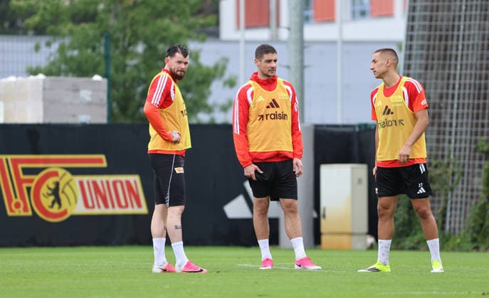 Oliver Burke, Andrej Ilic, Andrej Ilic, drei Stürmer Angreifer Fußball Fussball Training Bundesliga Herren DFL Saison 2026 2027 14.07.2026 1.FC Union Berlin FCU DFL regulations prohibit any use of photographs as image sequences and or quasi-video. *** Oliver Burke, Andrej Ilic, Andrej Ilic, three forwards, attackers, sports, soccer, soccer training, Bundesliga, men s, DFL, 2026–2027 season, July 14, 2026, 1. FC Union Berlin (FCU). DFL regulations prohibit any use of photographs as image sequences and or quasi-video.