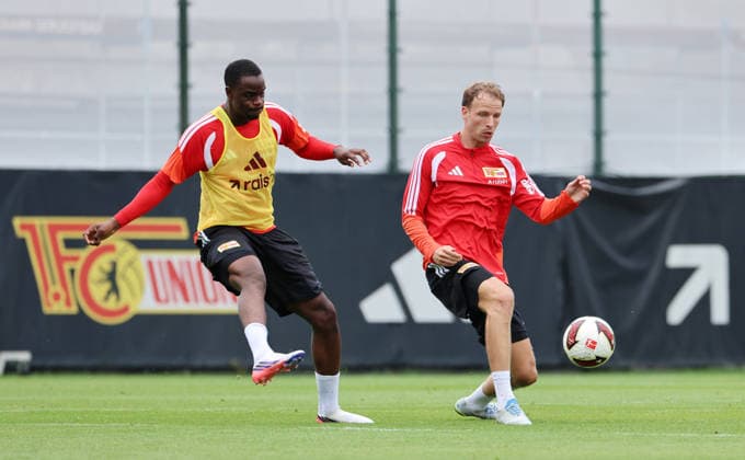 Ilyas Ansah, Marvin Friedrich am Ball Zweikampf Spielszene Aktion Fußball Fussball Training Bundesliga Herren DFL Saison 2026 2027 14.07.2026 1.FC Union Berlin FCU DFL regulations prohibit any use of photographs as image sequences and or quasi-video. *** Ilyas Ansah, Marvin Friedrich with the ball; tackle; game scene; action; sports; soccer; soccer training; Bundesliga; men s; DFL; 2026–2027 season; July 14, 2026; 1. FC Union Berlin; FCU; DFL regulations prohibit any use of photographs as image sequences and or quasi-video