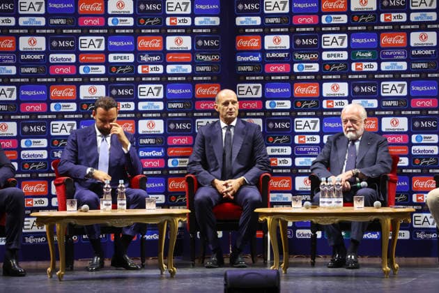 July 14, 2026, Naples, Napoli, Italy: Giovanni Manna sporting director of NapoliMassimiliano Allegri coach of Napoli and Aurelio de Laurentiis owner of Napoliattend a press conference, PK, Pressekonferenz of new SSC Napoli head coach at Teatro di San Carlo on July 14, 2026 in Naples, Italy. Naples Italy - ZUMAl131 20260714_zsp_l131_001 Copyright: xCiroxDexLucax