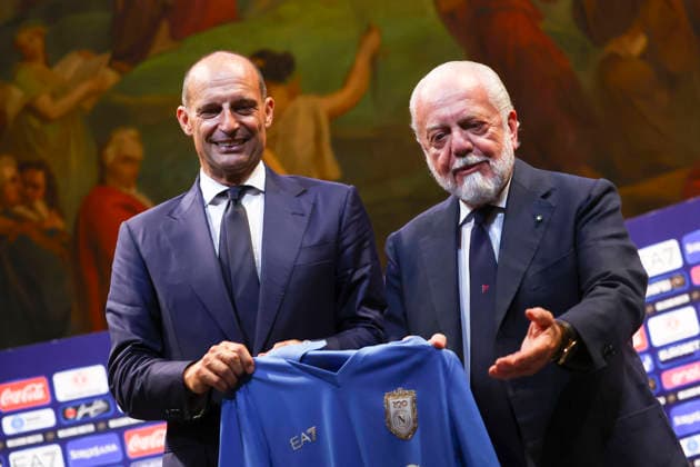 July 14, 2026, Naples, Napoli, Italy: Massimiliano Allegri coach of Napoli Aurelio de Laurentiis owner of Napoliattend a press conference, PK, Pressekonferenz of new SSC Napoli head coach at Teatro di San Carlo on July 14, 2026 in Naples, Italy. Naples Italy - ZUMAl131 20260714_zsp_l131_009 Copyright: xCiroxDexLucax