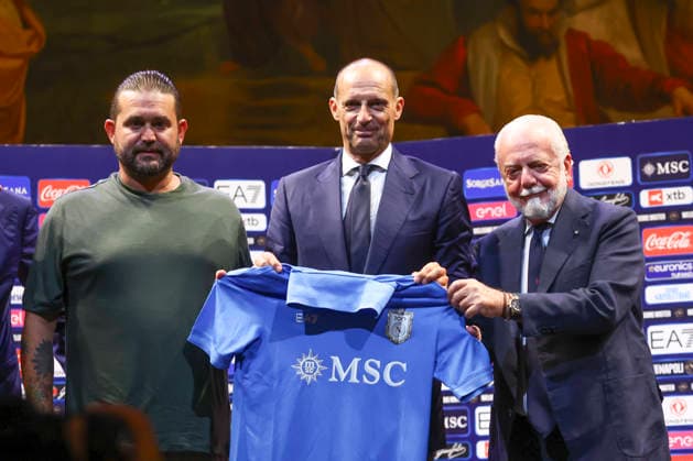 July 14, 2026, Naples, Napoli, Italy: Eduardo de Laurentiis Massimiliano Allegri coach of Napoli Aurelio de Laurentiis owner of Napoliattend a press conference, PK, Pressekonferenz of new SSC Napoli head coach at Teatro di San Carlo on July 14, 2026 in Naples, Italy. Naples Italy - ZUMAl131 20260714_zsp_l131_017 Copyright: xCiroxDexLucax