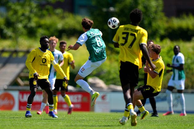 Friendly: FC Dordrecht v Borussia Dortmund II Papendrecht - Lawson Sunderland of FC Dordrecht clears the ball during a friendly match in preperation of the 2026 2027 season. The match is set between FC Dordrecht and Borussia Dortmund II at V.V. Papendrecht on 14 July 2026 in Papendrecht, The Netherlands. (Hero Images Nick Koole) Copyright: xNickxKoolex