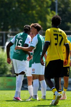 Friendly: FC Dordrecht v Borussia Dortmund II Papendrecht - Lawson Sunderland of FC Dordrecht celebrates the 3-1 with Yannis M bemba of FC Dordrecht celebrates his goal during a friendly match in preperation of the 2026 2027 season. The match is set between FC Dordrecht and Borussia Dortmund II at V.V. Papendrecht on 14 July 2026 in Papendrecht, The Netherlands. (Hero Images Nick Koole) Copyright: xNickxKoolex