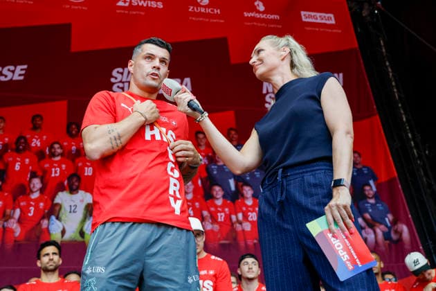 Granit Xhaka im Interview , Schweiz, Schweizer Nationalteam Empfang Zürich, WM-Rückkehr der Schweizer Nati, Empfang nach der WM 2026, 2026, 14.07.2026, Turbinenplatz, Zürich, Schweiz Zürich Turbinenplatz Schweiz *** Interview with Granit Xhaka, Switzerland, Swiss National Team Welcome Ceremony in Zurich, Swiss National Team s Return from the World Cup, Welcome Ceremony After the 2026 World Cup, 2026, July 14, 2026, Turbinenplatz, Zurich, Switzerland, Zurich, Turbinenplatz, Switzerland Copyright: xGrantxHubbsx