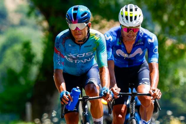 Tour de France 2026 Stage 10 LE LIORAN, FRANCE - JULY 14 : Romo Javier (ESP) of Movistar Team, Tejada Harold (COL) of XDS Astana Team in action during stage 10 of the 113rd edition of Tour de France an UCI World Tour 2.UWT cycling road race stage for Men Elite of 167 km with start in Aurillac and finish in Le Lioran on July 14, 2026 in Le Lioran, France, 14 07 2026 Le Lioran France  Copyright: xLucaxBettinix