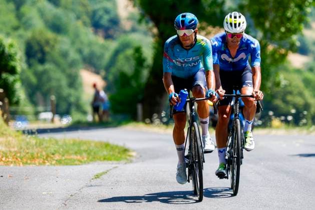 Tour de France 2026 Stage 10 LE LIORAN, FRANCE - JULY 14 : Romo Javier (ESP) of Movistar Team, Tejada Harold (COL) of XDS Astana Team in action during stage 10 of the 113rd edition of Tour de France an UCI World Tour 2.UWT cycling road race stage for Men Elite of 167 km with start in Aurillac and finish in Le Lioran on July 14, 2026 in Le Lioran, France, 14 07 2026 Le Lioran France  Copyright: xLucaxBettinix