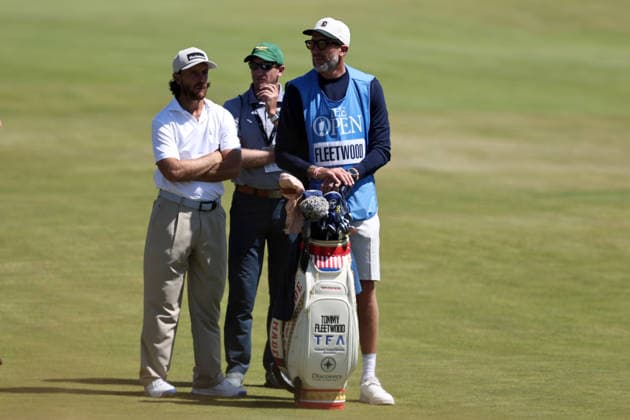 RECORD DATE NOT STATED 14th July 2026; Royal Birkdale Golf Club, Southport, Merseyside, England; The Open Championship Practice Day Three; Tommy Fleetwood (ENG) at the 14th fairway with caddie Ian Finnis DavidxBlunsden