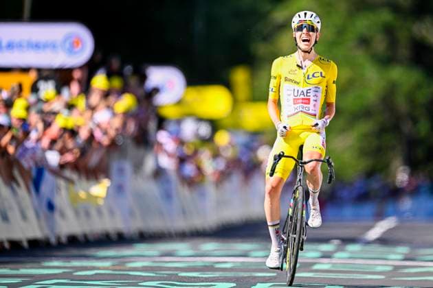 Tour de France 2026 Stage 10 LE LIORAN, FRANCE - JULY 14 : Pogacar Tadej (SLO) of UAE Team Emirates XRG celebrating his victory during stage 10 of the 113rd edition of Tour de France an UCI World Tour 2.UWT cycling road race stage for Men Elite of 167 km with start in Aurillac and finish in Le Lioran on July 14, 2026 in Le Lioran, France, 14 07 2026 Le Lioran France  Copyright: xTomasxSiskx