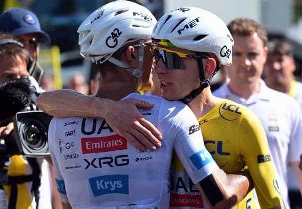 Mexican Isaac Del Toro of UAE Team Emirates XRG and Slovenian Tadej Pogacar of UAE Team Emirates XRG react after the stage 10 of the 2026 Tour de France cycling race, a stage of 167km from Aurillac to Le Lioran, on Tuesday 14 July 2026. The 113th edition of the Tour de France starts on Saturday 4 July in Barcelona, Spain, and will finish in Paris, France on the 26th of July. DAVIDxPINTENS  x181132720x