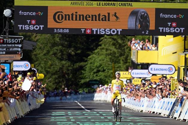 Slovenian Tadej Pogacar of UAE Team Emirates XRG crosses the finish line of the stage 10 of the 2026 Tour de France cycling race, a stage of 167km from Aurillac to Le Lioran, on Tuesday 14 July 2026. The 113th edition of the Tour de France starts on Saturday 4 July in Barcelona, Spain, and will finish in Paris, France on the 26th of July. DAVIDxPINTENS  x181132750x