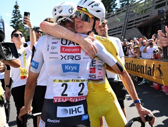 Mexican Isaac Del Toro of UAE Team Emirates XRG, Slovenian Tadej Pogacar of UAE Team Emirates-XRG and pictured after the stage 10 of the 2026 Tour de France cycling race, a stage of 167km from Aurillac to Le Lioran, on Tuesday 14 July 2026. The 113th edition of the Tour de France starts on Saturday 4 July in Barcelona, Spain, and will finish in Paris, France on the 26th of July. POOLxSZYMONxGRUCHALSKI  x181132756x