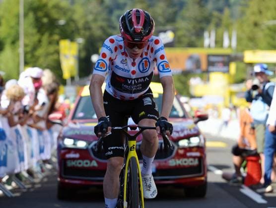 Danish Jonas Vingegaard of Team Visma-Lease a Bike reacts after the stage 10 of the 2026 Tour de France cycling race, a stage of 167km from Aurillac to Le Lioran, on Tuesday 14 July 2026. The 113th edition of the Tour de France starts on Saturday 4 July in Barcelona, Spain, and will finish in Paris, France on the 26th of July. DAVIDxPINTENS  x181132764x
