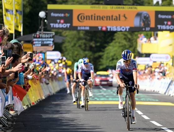 Belgian Remco Evenepoel of Red Bull-BORA-hansgrohe crosses the finish line of the stage 10 of the 2026 Tour de France cycling race, a stage of 167km from Aurillac to Le Lioran, on Tuesday 14 July 2026. The 113th edition of the Tour de France starts on Saturday 4 July in Barcelona, Spain, and will finish in Paris, France on the 26th of July. DAVIDxPINTENS  x181132782x